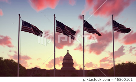The American flags flutters in the wind on a sunset against the blue sky and the Capitol. 3D 46800161