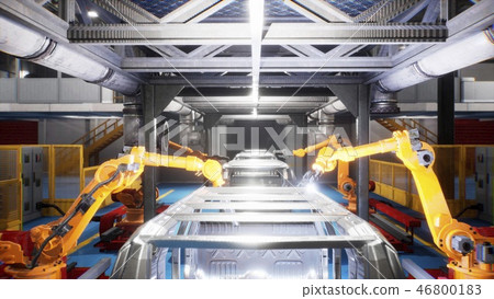 Car welding line of conveyor with frameworks of unfinished cars and robots welders. 3D Rendering 46800183