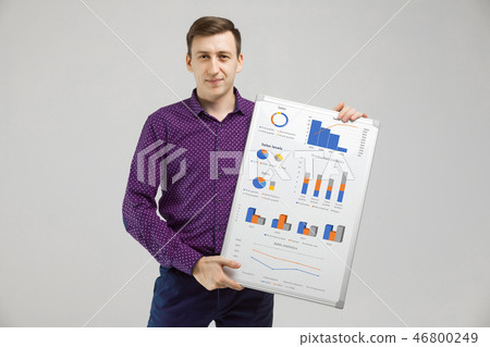 Enterpreneuer on a white background with a magnetic whiteboard with graphs and diagrams 46800249