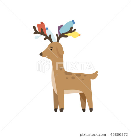 Deer with plastic trash in its horns, global environmental problem, ecological disaster vector 46800372