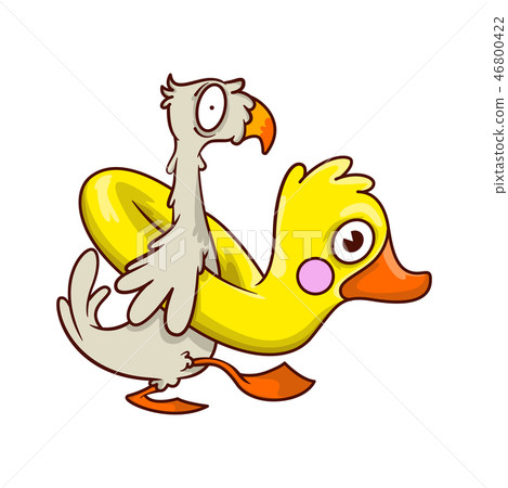 Funny tropical bird with inflatable rubber in shape of yellow duck. Cartoon character. Beach 46800422