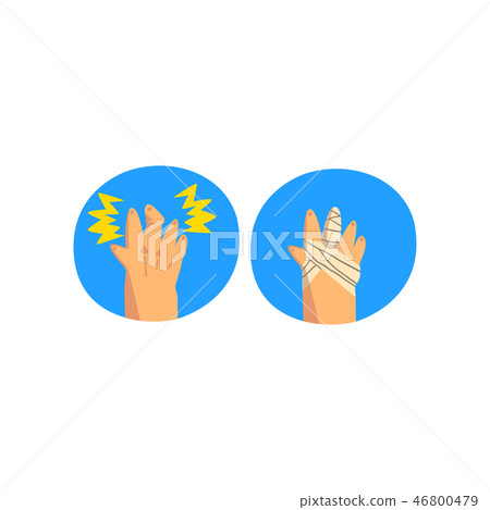 Finger injury, medical bandage wrapped around hurt human hand, sprain and first aid vector 46800479