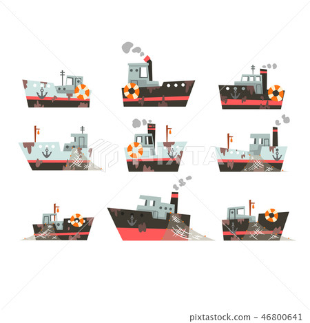 Collection of fishing vessels, trawlers for industrial seafood production, retro marine steamers 46800641