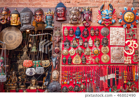 Colorful carved wooden masks and handicrafts Colorful carved wooden masks and handicrafts 46802490