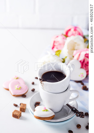 Shaped cookies Love and coffee cup gift on Valentine's Day or Mother's Day, gift, surprise, copy Shaped cookies Love and coffee cup gift on Valentine's Day or Mother's Day, gift, surprise, copy 46802637