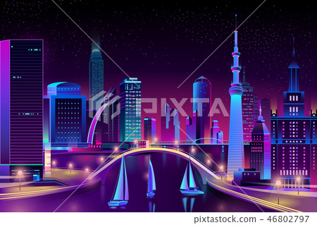 Vector neon megapolis on water, yacht regatta 46802797