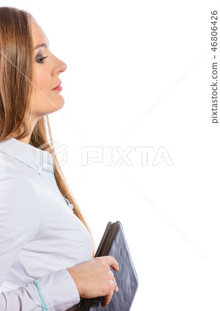 Young woman office worker hold case with files. 46806426