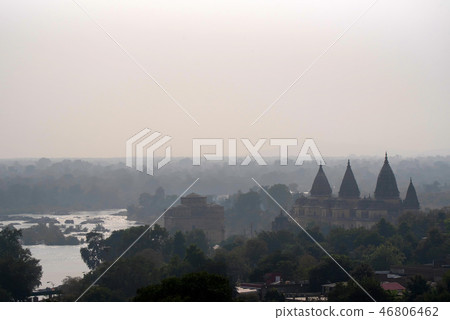 Chatris or Cenotaphs in Orchha, India on foggy day Chatris or Cenotaphs in Orchha, India on foggy day 46806462