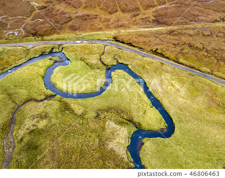 Aerial view of the River Lealt and Single track at Loch Cuithir and Sgurr a Mhadaidh Ruadh - Hill of Aerial view of the River Lealt and Single track at Loch Cuithir and Sgurr a Mhadaidh Ruadh - Hill of 46806463