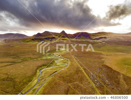 Aerial view of the River Lealt and Single track at Loch Cuithir and Sgurr a Mhadaidh Ruadh - Hill of Aerial view of the River Lealt and Single track at Loch Cuithir and Sgurr a Mhadaidh Ruadh - Hill of 46806500