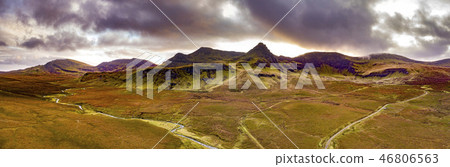 Aerial view of the River Lealt and Single track at Loch Cuithir and Sgurr a Mhadaidh Ruadh - Hill of Aerial view of the River Lealt and Single track at Loch Cuithir and Sgurr a Mhadaidh Ruadh - Hill of 46806563