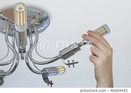 Setting of LED corn lights in ceiling chandelier Setting of LED corn lights in ceiling chandelier 46809485