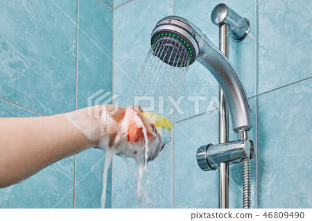 Squeezing sponge in hand under shower head Squeezing sponge in hand under shower head 46809490