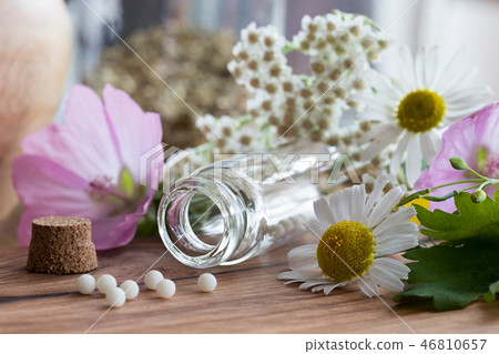 A bottle of homeopathic remedies with herbs A bottle of homeopathic remedies with herbs 46810657