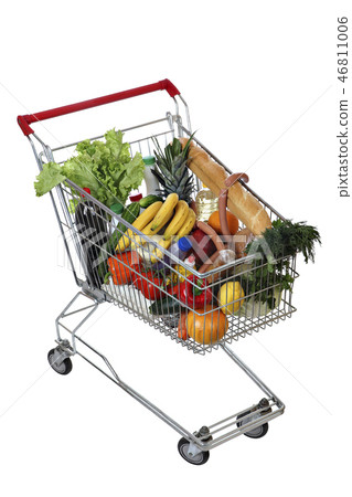 Filled foodstuffs shopping cart isolated on white 46811006