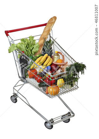 Filled food shopping trolley isolated on white 46811007