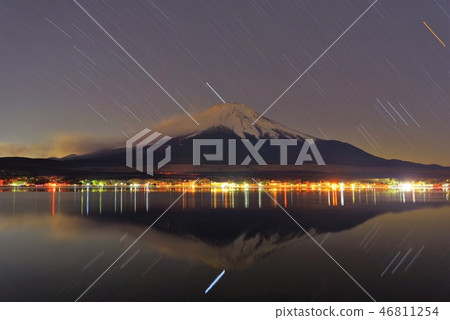 Mt. Fuji seen from Lake Yamanaka and falling stars 46811254