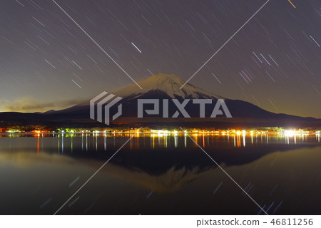 Mt. Fuji seen from Lake Yamanaka and falling stars 46811256