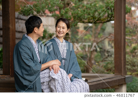 Middle senior couple hot spring travel Yukata Ryokan image 46811767
