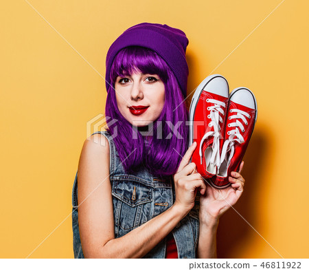 hipster girl with purple hair and red gumshoes 46811922