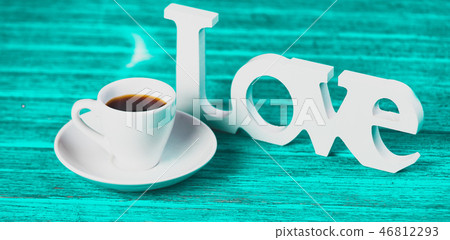 Word love and cup of coffee. 46812293