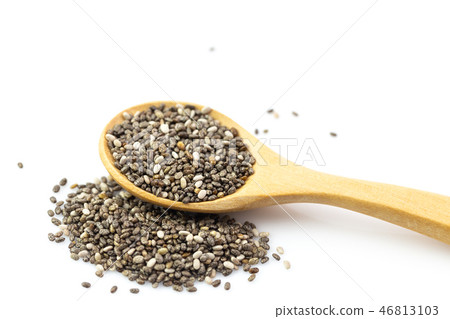 chia seeds in wooden spoon Isolated on white chia seeds in wooden spoon Isolated on white 46813103