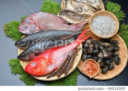Attention) There is a small trash on the background. Fish and shellfish (golden fish, sea bream, sea bream, sage, oyster, clam, prawn, shirasu, cherry prawn) Attention) There is a small trash on the background. Fish and shellfish (golden fish, sea bream, sea bream, sage, oyster, clam, prawn, shirasu, cherry prawn) 46814369