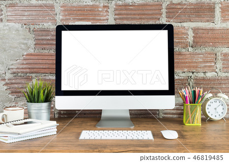 workspace with computer with blank white screen workspace with computer with blank white screen 46819485