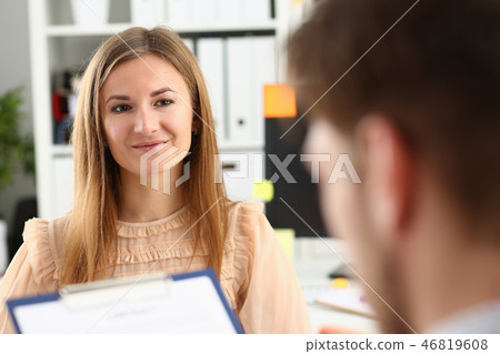 Smiling woman offer contract form Smiling woman offer contract form 46819608