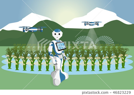 Robot and drone are watering vegetables  46823229