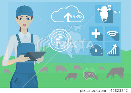 Farmer with digital tablet on a cattle grazing 46823242