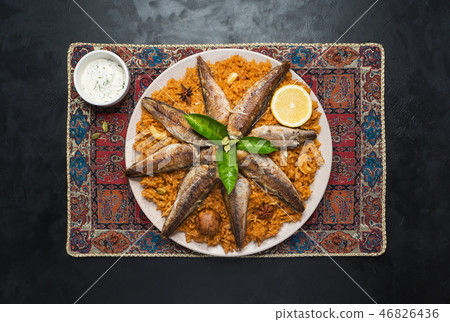 Fish Biryani. Saudi arabian Fish Kabsa. Top view. 46826436
