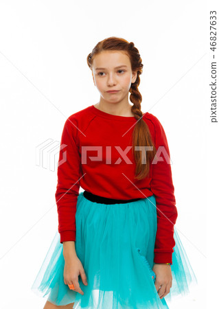 Cheerless gloomy girl expressing her skeptical mood Cheerless gloomy girl expressing her skeptical mood 46827633