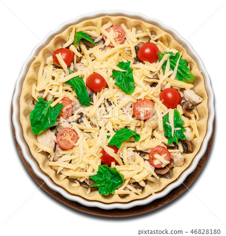Traditional quiche tart in baking form with filling Traditional quiche tart in baking form with filling 46828180