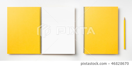 Top view of yellow spiral notebook, page, pencil Top view of yellow spiral notebook, page, pencil 46828670
