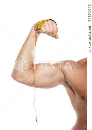 the man's hand showing biceps isolated on the white 46831096