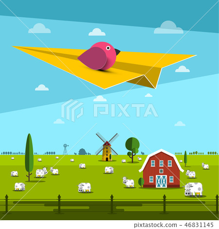 Bird on Paper Plane with Farm on Field Bird on Paper Plane with Farm on Field 46831145
