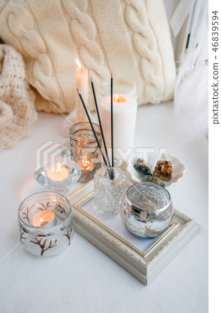 Candles With Lights Composition On The Windowsill Stock Photo