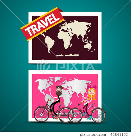 Man and Woman on Bicycles with World Map  46841192