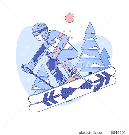 Skier skiing in ski resort.Winter activities rest. Line vector illustration 46844201
