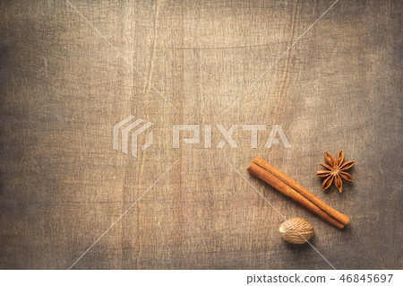 spices and ingredients on wooden table 46845697