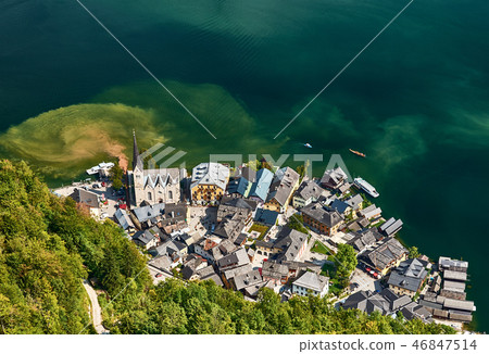 Top view of a lake and forest village of Hallstatt 46847514