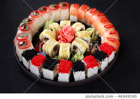 seafood restaurant, set of various sushi rolls seafood restaurant, set of various sushi rolls 46849590