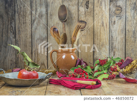 Still life with old ustensil, fruits, berries  46850072