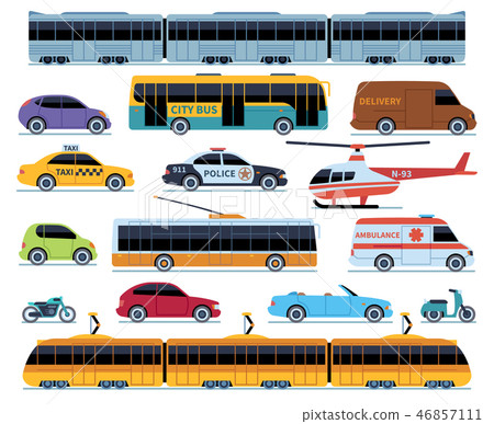 Car transport set. Vehicles city transportation. Cars trucks scooters motorcycle bus. Side view auto 46857111
