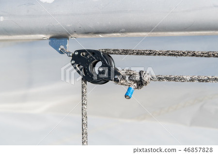 Sailing yacht rigging equipment: Jib Genoa block closeup Sailing yacht rigging equipment: Jib Genoa block closeup 46857828
