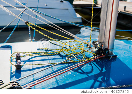 Sailing yacht rigging equipment: Jib Genoa block closeup Sailing yacht rigging equipment: Jib Genoa block closeup 46857845