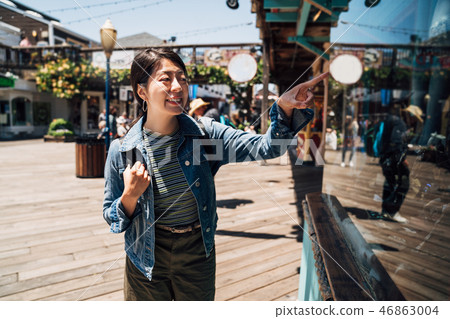 girl traveler pointing finger inside the window 46863004