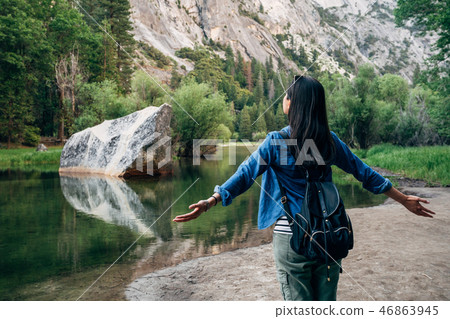 freedom woman opening arms hugging nature 46863945