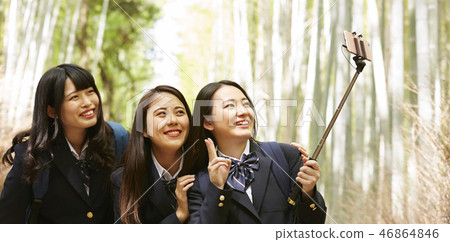 三個高中女生在竹林的小直徑採取自拍照 46864846